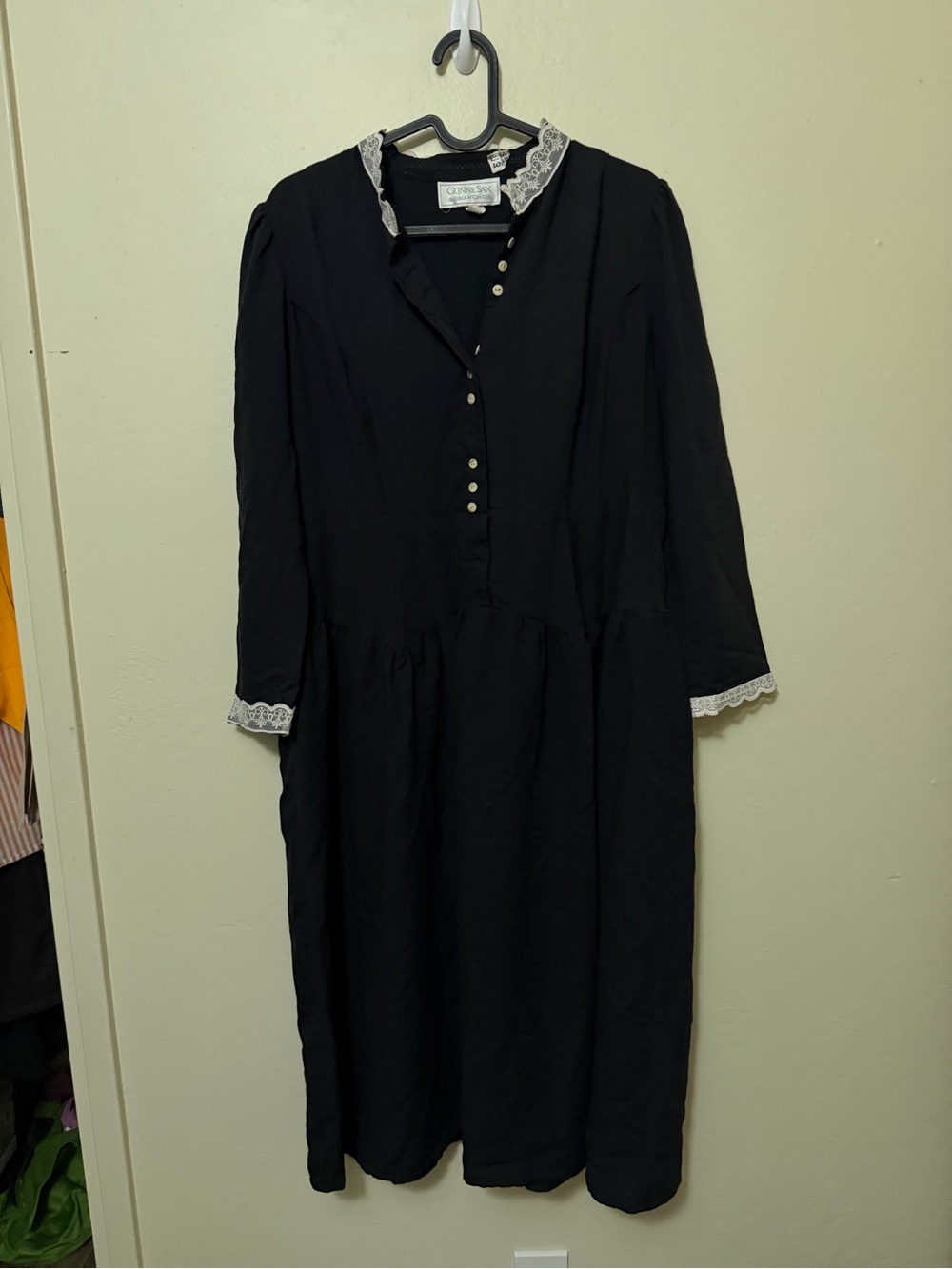 Gunne Sax Black Midi Dress with White Lace Trim